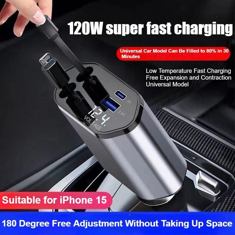 4IN1 120W Retractable Car Charger USB Type C Cable Fit Phone Fast Charge Adapter