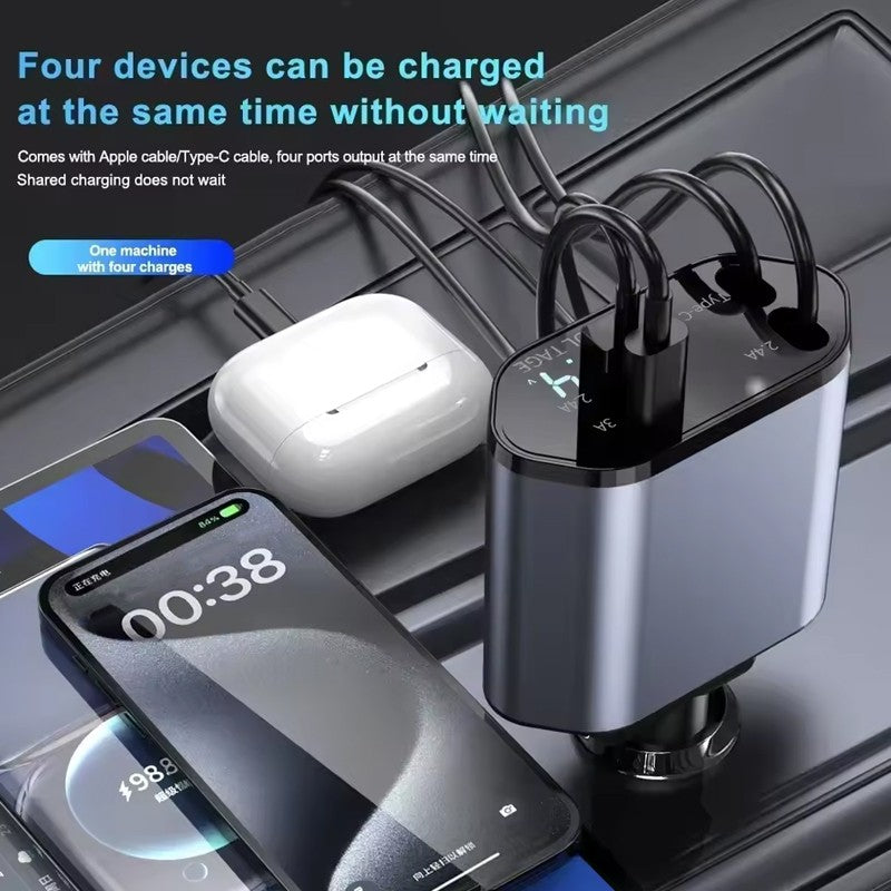 4IN1 120W Retractable Car Charger USB Type C Cable Fit Phone Fast Charge Adapter