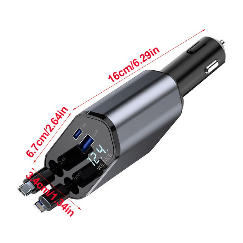 4IN1 120W Retractable Car Charger USB Type C Cable Fit Phone Fast Charge Adapter