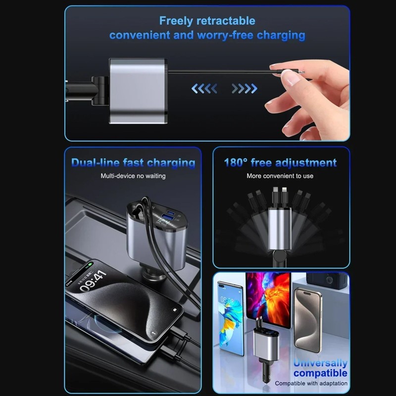 4IN1 120W Retractable Car Charger USB Type C Cable Fit Phone Fast Charge Adapter