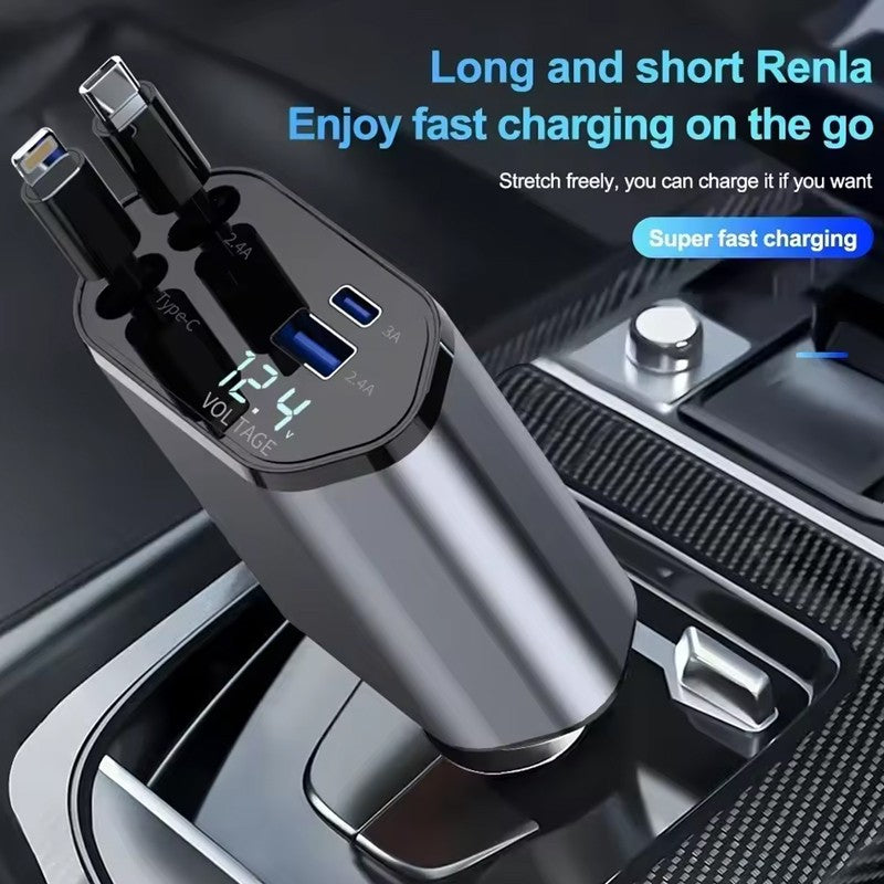 4IN1 120W Retractable Car Charger USB Type C Cable Fit Phone Fast Charge Adapter