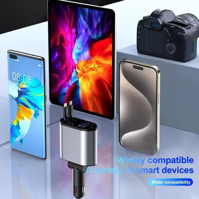 4IN1 120W Retractable Car Charger USB Type C Cable Fit Phone Fast Charge Adapter